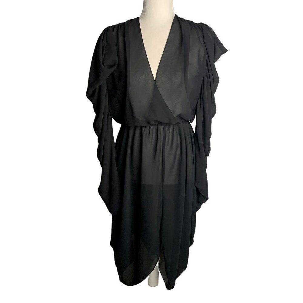 Vintage 70s Sheer V Neck Cocoon Dress S Black Puff Sleeves Elastic Waist Ruffles